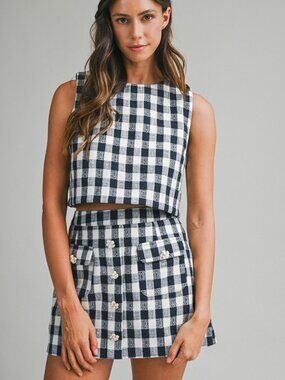 NWT Navy Gingham Cropped Sleeveless Top & Mini Skirt with Floral Button Set
